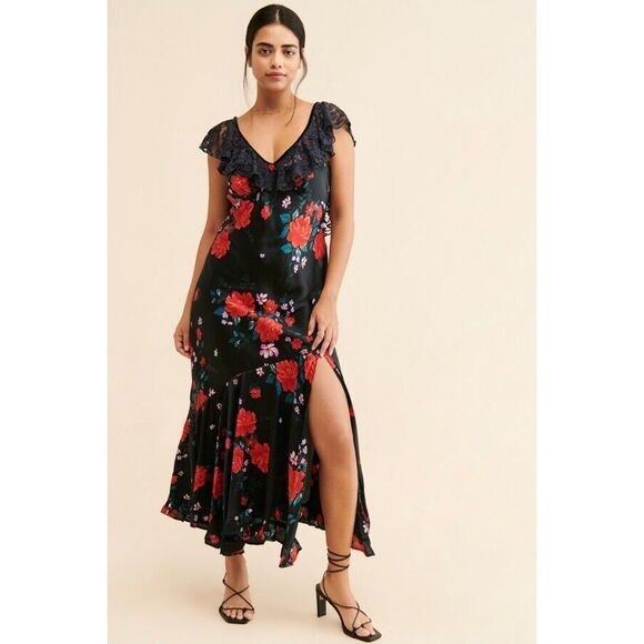 New Free People Warm Hearts Floral Lace Neckline Asymmetrical Midi Dress Large - Picture 1 of 10